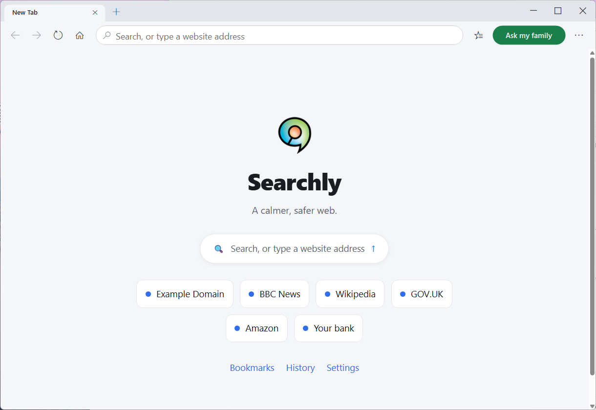 The Searchly start page with a big search box and large labelled shortcut tiles.