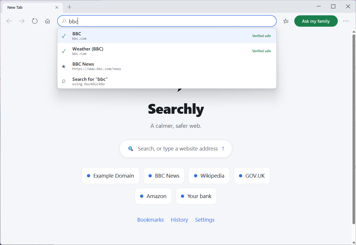 Searchly's address bar showing green 'Verified safe' results for the genuine BBC site.