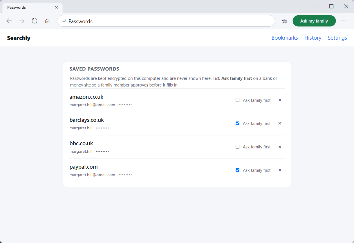 Searchly's saved-passwords page with the bank and PayPal ticked 'Ask family first'.