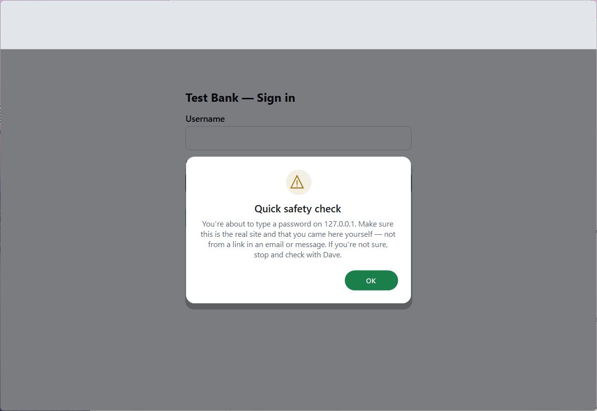 A 'Quick safety check' card reminding the user to make sure they came to the site themselves.