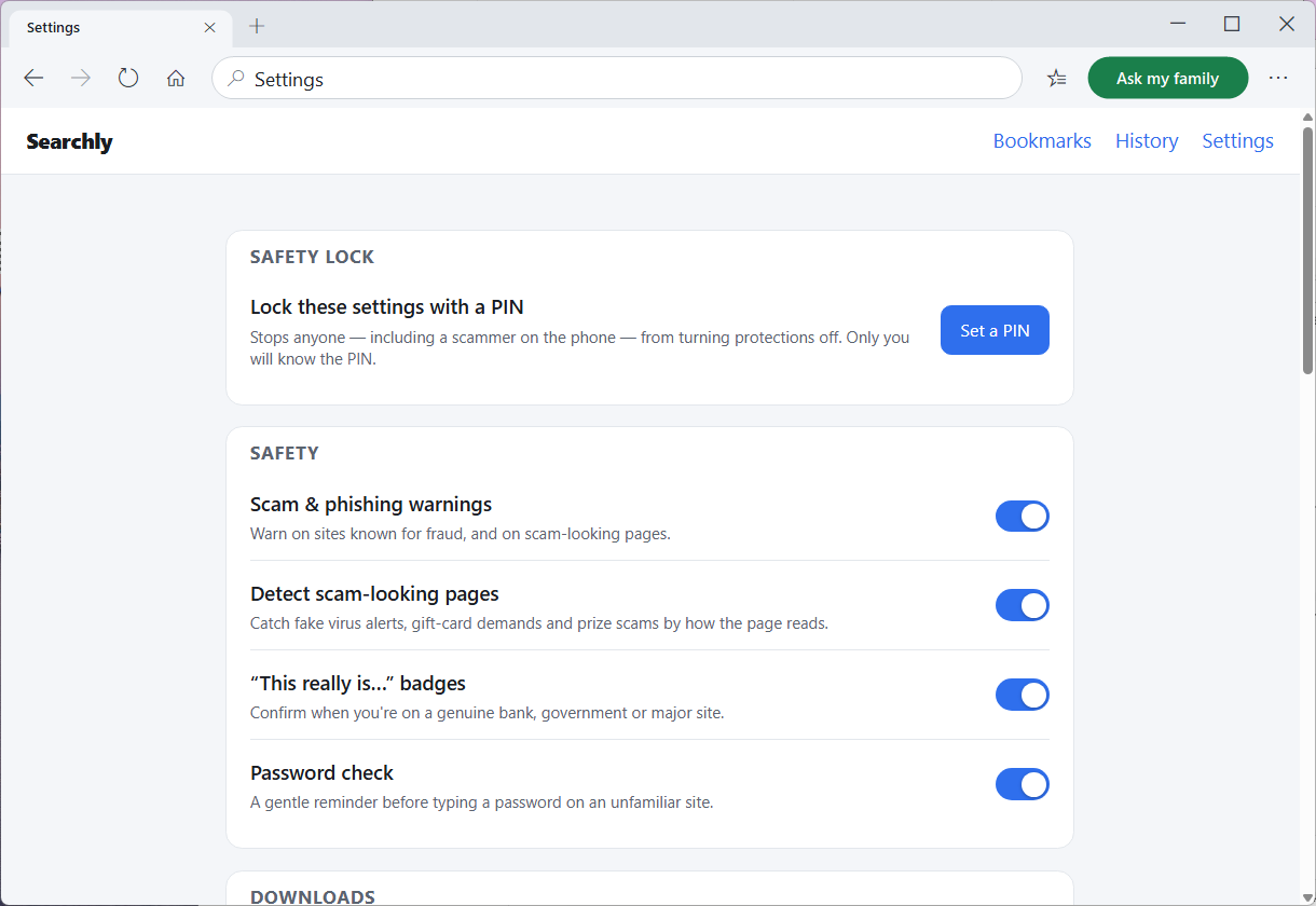 Searchly's plain-language safety settings with a PIN lock at the top.