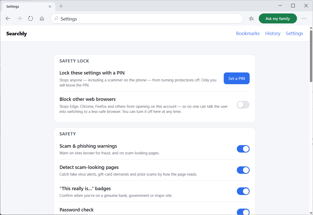 Searchly's Safety Lock settings showing the 'Block other web browsers' option that stops Edge, Chrome and Firefox opening.